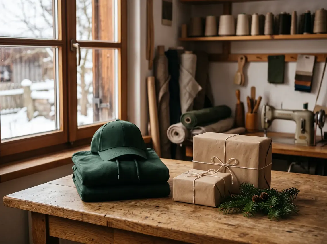 Grüner Hoodie und Cap mit Geschenkpaketen als Weihnachtsgeschenk für Mitarbeitende